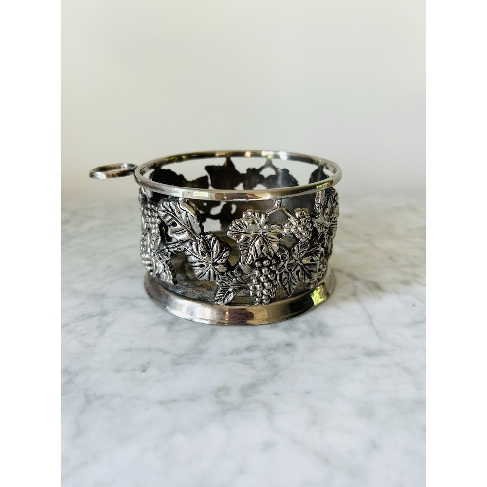 Vintage Silver Plated Wine Champagne Bottle Holder Coaster Wood Bottom Grapes